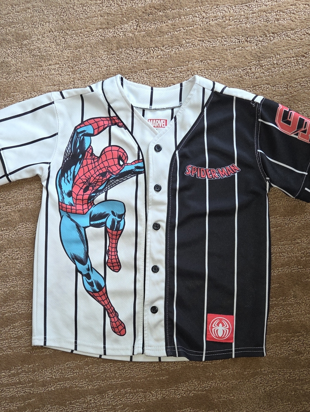 Marvel Spider-Man Two-Tone Button Front Baseball Jersey- Black, White, Red, Blue